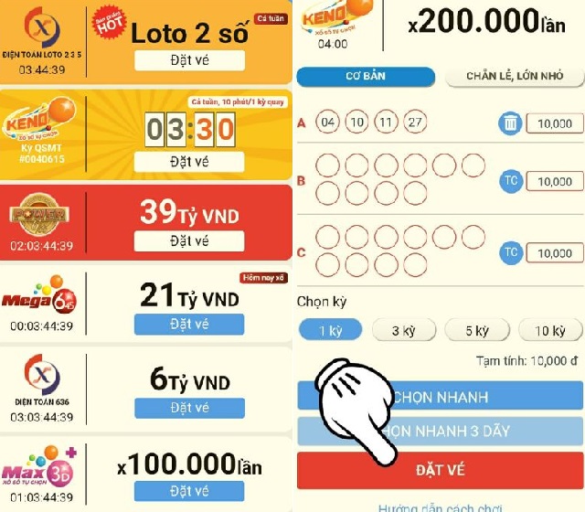 Bạn chọn loại hình vé số dự thưởng rồi nhấn vào bộ số yêu thích Bạn chọn loại hình vé số dự thưởng rồi nhấn vào bộ số yêu thích