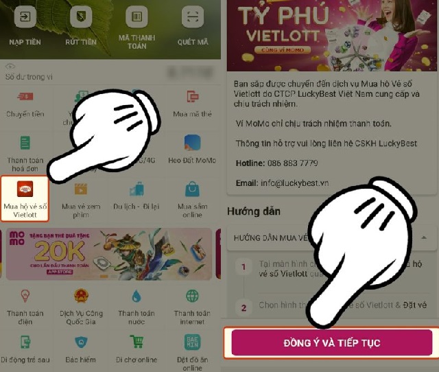 Trên giao diện chính bạn chọn mục mua hộ vé số rồi nhấn vào đồng ý và tiếp tục Trên giao diện chính bạn chọn mục mua hộ vé số rồi nhấn vào đồng ý và tiếp tục